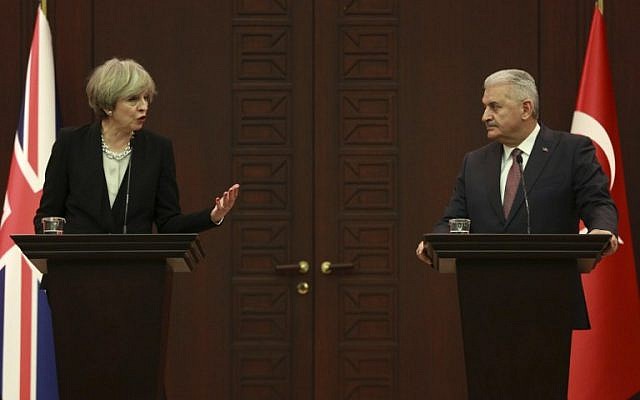British Prime Minister Theresa May, left, speaks during a joint press conference with Turkey's Prime Minister Binali Yildirim in Ankara on January 28, 2017. (AFP/ Adem ALTAN) British Prime Minister Theresa May, left, speaks during a joint press conference with Turkey's Prime Minister Binali Yildirim in Ankara on January 28, 2017. (AFP/ Adem ALTAN)
