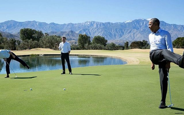 'President Obama reacts as his putt falls just short during an impromptu hole of golf with staffers Joe Paulsen, left, and Marvin Nicholson after the US-ASEAN Summit at the Annenberg Retreat at Sunnylands in Rancho Mirage, Calif,' Feb. 16, 2016. (Official White House photo/Pete Souza)