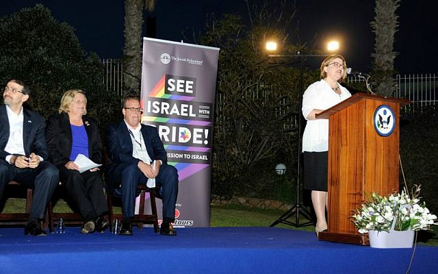 Julie Fisher speaks at Pride Week event hosted at US Ambassador's Residence, June 2016. (US Embassy Tel Aviv)