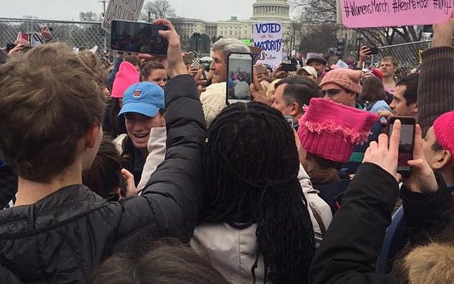 John Kerry amid the crowds at January 21, 2017 Washington DC march a day after President Trump's inauguration (Karen Paul-Stern)