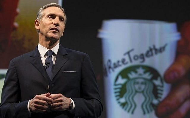 Starbucks Chairman and CEO Howard Schultz as he speaks during Starbucks annual shareholders meeting in Seattle, Washington, March 17, 2015.(AFP/GETTY IMAGES NORTH AMERICA / STEPHEN BRASHEAR) Starbucks Chairman and CEO Howard Schultz as he speaks during Starbucks annual shareholders meeting in Seattle, Washington, March 17, 2015.(AFP/GETTY IMAGES NORTH AMERICA / STEPHEN BRASHEAR)