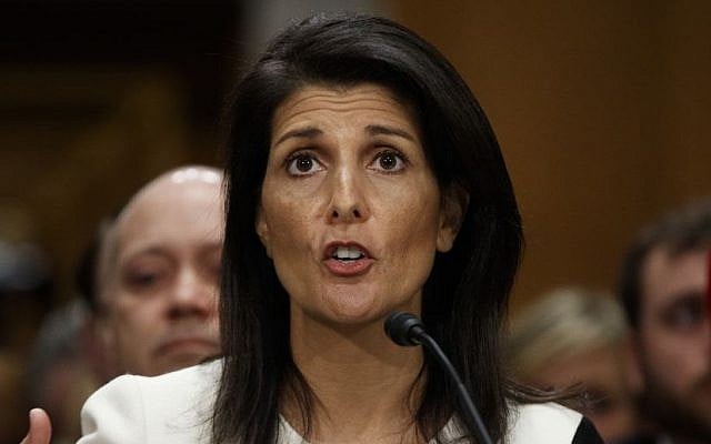 UN Ambassador-designate Gov. Nikki Haley testifies on Capitol Hill in Washington, January 18, 2017, at her confirmation hearing before the Senate Foreign Relations Committee. (AP Photo/Evan Vucci)