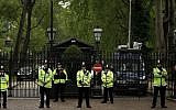 British police officers stand guard outside the Israeli Embassy in London during a protest against Israeli policy, on June 1, 2010. (AP/Matt Dunham)