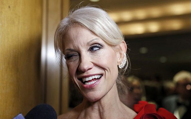 Trump adviser Kellyanne Conway winks as she speaks with reporters at the Indiana Inaugural Ball for Vice president-elect Mike Pence, Thursday, Jan. 19, 2017 in Washington. (AP Photo/Alex Brandon) Trump adviser Kellyanne Conway winks as she speaks with reporters at the Indiana Inaugural Ball for Vice president-elect Mike Pence, Thursday, Jan. 19, 2017 in Washington. (AP Photo/Alex Brandon)