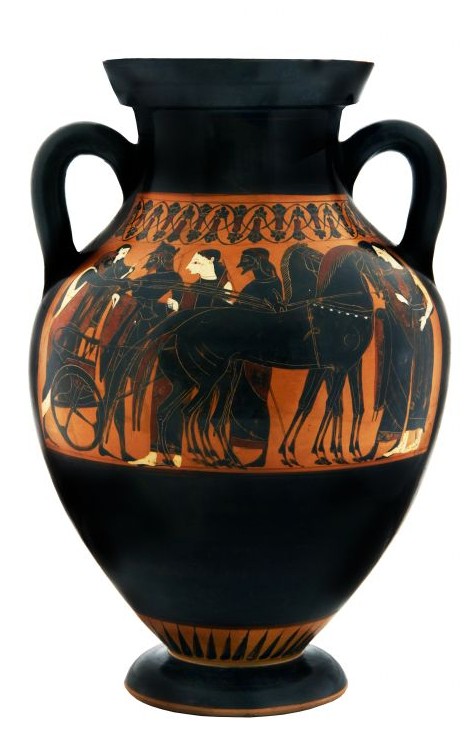 Attic black-figure amphora (Type B) depicting the wedding procession of Peleus and Thetis (obverse); Athena and a bearded man (reverse) Greece, Archaic period, attributed to the Princeton Painter, ca. 540 BCE, pottery BLMJ 4768 (Vladimir Naikhin, Bible Lands Museum) Attic black-figure amphora (Type B) depicting the wedding procession of Peleus and Thetis (obverse); Athena and a bearded man (reverse) Greece, Archaic period, attributed to the Princeton Painter, ca. 540 BCE, pottery BLMJ 4768 (Vladimir Naikhin, Bible Lands Museum)