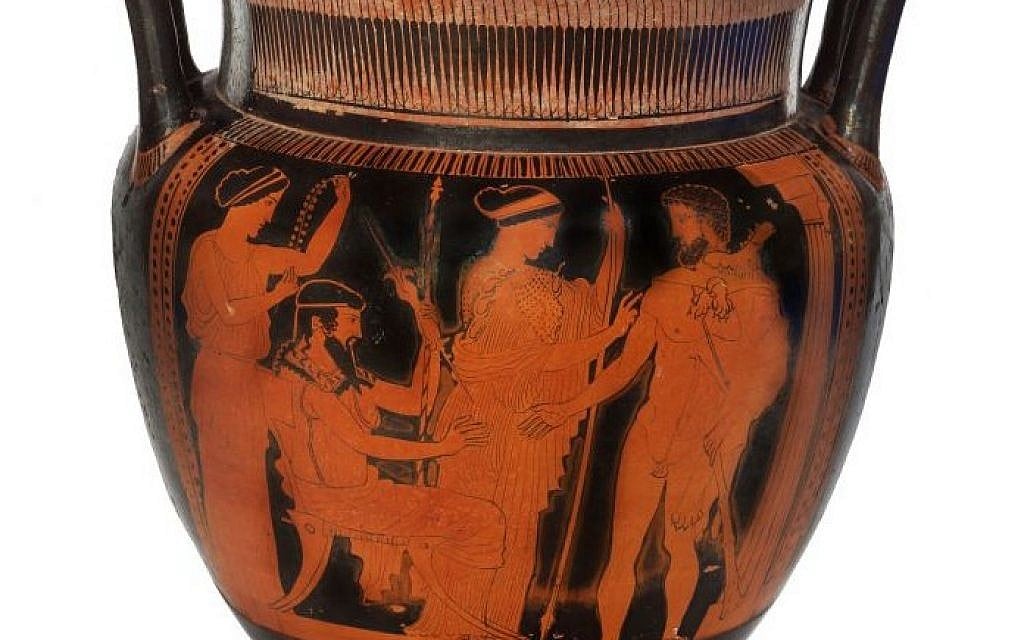 Attic red-figure column krater depicting Herakles on Mount Olympus between the Gods Greece, Classical Period, attributed to the Naples Painter, ca. 460 BCE, pottery BLMJ 4963. (Vladimir Naikhin, Bible Lands Museum) Attic red-figure column krater depicting Herakles on Mount Olympus between the Gods Greece, Classical Period, attributed to the Naples Painter, ca. 460 BCE, pottery BLMJ 4963. (Vladimir Naikhin, Bible Lands Museum)