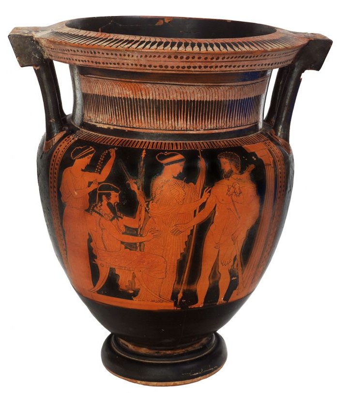 Attic red-figure column krater depicting Herakles on Mount Olympus between the Gods Greece, Classical Period, attributed to the Naples Painter, ca. 460 BCE, pottery BLMJ 4963. (Vladimir Naikhin, Bible Lands Museum) Attic red-figure column krater depicting Herakles on Mount Olympus between the Gods Greece, Classical Period, attributed to the Naples Painter, ca. 460 BCE, pottery BLMJ 4963. (Vladimir Naikhin, Bible Lands Museum)