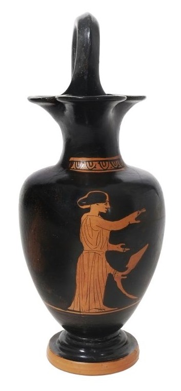 Attic red-figure oinochoe (wine jug), depicting a young woman standing beside a klismos chair Greece, Classical period, attributed to the Group of Ferrara T 132, ca. 425 BCE, pottery BLMJ 9593.(Vladimir Naikhin, Bible Lands Museum) Attic red-figure oinochoe (wine jug), depicting a young woman standing beside a klismos chair Greece, Classical period, attributed to the Group of Ferrara T 132, ca. 425 BCE, pottery BLMJ 9593.(Vladimir Naikhin, Bible Lands Museum)
