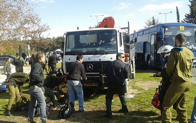 The scene of a truck ramming attack in Jerusalem in January 8, 2017. (Twitter)