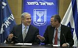 Prime Minister Benjamin Netanyahu (L) and Likud MK Yariv Levin (R), at a Likud-Beytenu faction meeting at the Knesset on May 19, 2014. (Flash 90)