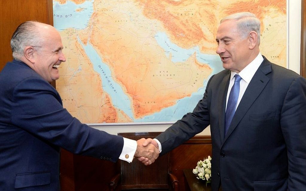 Prime Minister Benjamin Netanyahu (R) meets with former mayor of New York City, Rudolph 'Rudy' Giuliani, at PM Netanyahu's office in Jerusalem on February 1, 2015. (Kobi Gideon/GPO)
