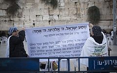 Ultra Orthodox women protest against the Women of the Wall movement hold Rosh Hodesh prayers at the Western Wall in Jerusalem Old City, December 1, 2016. (Hadas Parush/Flash90)
