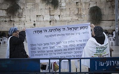Ultra Orthodox women protest against the Women of the Wall movement hold Rosh Hodesh prayers at the Western Wall in Jerusalem Old City, December 1, 2016. (Hadas Parush/Flash90)