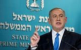 Prime Minister Benjamin Netanyahu delivering a statement to the press at the Prime Minsiter's Office in Jerusalem, December 28, 2016. (Yonatan Sindel/Flash90)