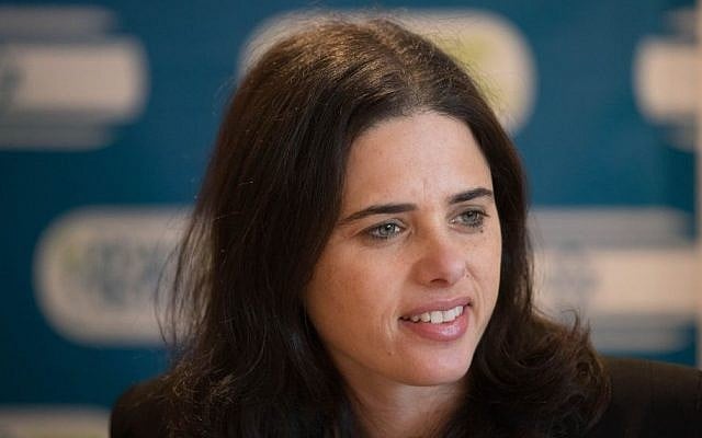 Justice Minister Ayelet Shaked a party faction meeting in the Israeli settlement of Maale Adumin, in the West Bank, January 2, 2017. (Yonatan Sindel/Flash90) 