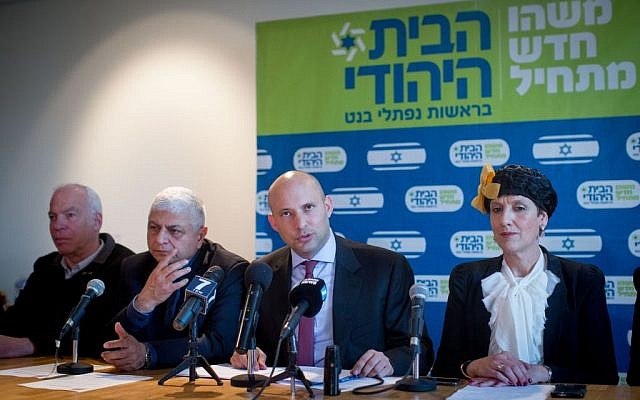 Jewish Home chair Naftali Bennett leads a faction meeting in the Israeli settlement of Maale Adumin, January 2, 2017. (Yonatan Sindel/Flash90)