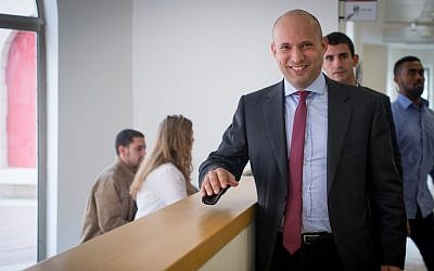 F170102YS39 Education Minister Naftali Bennett arrives at a special meeting of his Jewish Home faction in the Israeli settlement of Maale Adumin, in the West Bank on January 2, 2017 (Yonatan Sindel/Flash90)