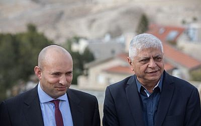 Education minister and Jewish Home party leader Naftali Bennett (L) and mayor of Ma'ale Adumim Benny Kasriel before the start of a special party faction meeting, in Maale Adumim, January 2, 2017.(Yonatan Sindel/Flash90) Education minister and Jewish Home party leader Naftali Bennett (L) and mayor of Ma'ale Adumim Benny Kasriel before the start of a special party faction meeting, in Maale Adumim, January 2, 2017.(Yonatan Sindel/Flash90)