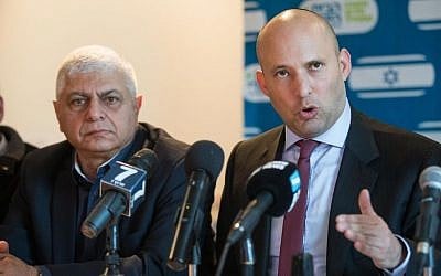 Jewish Home party leader and Education Minister Naftali Bennett, right, leads a special party faction meeting in the West Bank settlement city of Maale Adumin, January 2, 2017. (Yonatan Sindel/Flash90 