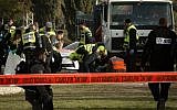 The scene where a truck rammed into a group of Israeli soldiers, killing at least four in the Armon Hanetziv neighborhood of Jerusalem. (Sebi Berens/Flash90)