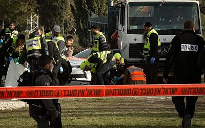The scene where a truck rammed into a group of Israeli soldiers, killing at least four in the Armon Hanetziv neighborhood of Jerusalem. (Sebi Berens/Flash90)