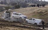 The car of Yaqoub Abu al-Qia'an, following an incident initially claimed by police to be a terrorist attack, in the Bedouin village of Umm al-Hiran in the Negev desert, southern Israel, January 18, 2017. Evidence subsequently came out that showed the incident was not a terrorist attack (Hadas Parush/Flash90)