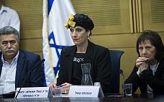 From left to right: Zionist Union MK Amir Peretz, Jewish Home MK Shuli Mualem and Zehava Shaul, mother of Oron Shaul, at the Knesset, January 25, 2017 (Yonatan Sindel/Flash90)
