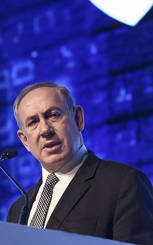 Prime Minister Benjamin Netanyahu speaks at the Cybertech Israel Conference and Exhibition, in Tel Aviv on January 31, 2017. (Miriam Alster/Flash90)