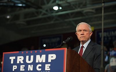 Alabama Senator Jeff Sessions pledging his commitment to Donald Trump at a rally at Ambridge Area Senior High School in Abridge, Pennsylvania, October 10, 2016. (Jeff Swensen/Getty Images)