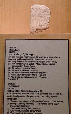 The Gezer Calendar on display at the Istanbul Archaeology Museum. (oncenawhile, public domain via Wikimedia Commons)