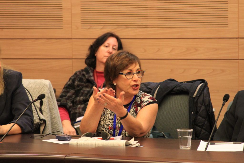 harriet-schlaifer Harriet Schleifer, the national chair of AJC Board of Governors, speaks at a January 11, 2017 Diaspora Committee meeting in Jerusalem's Knesset. (AJC)