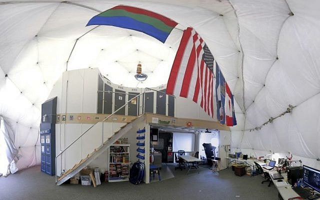 This Aug. 9, 2015 photo provided by the University of Hawaii shows the interior of the domed structure that will house six researchers for eight months in an environment meant to simulate an expedition to Mars, on Mauna Loa on the Big Island of Hawaii. (Sian Proctor/University of Hawaii via AP) 