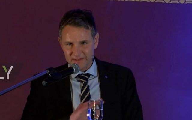 Bjoern Hoecke, a leading member of German anti-immigration party AfD (Alternative fuer Deutschland), speaks at an event of his party's youth organisation "Junge Alternative" on January 17, 2017 in Dresden, eastern Germany. (Screen capture: YouTube)