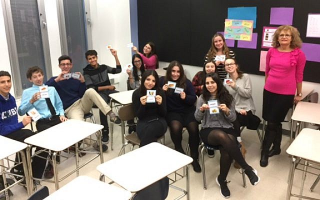Teacher Orit Nawrocki (right) with the high school Arabic club at The Ramaz School in New York City, 2016. (Courtesy)