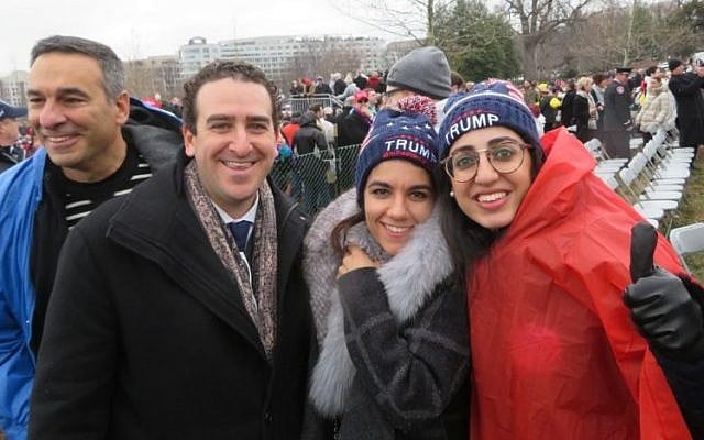 From left, Adam King, Chaya Israely and Chaya Illulian at the inauguration of President Donald Trump in Washington, D.C., Jan. 20, 2017. (Ron Kampeas) From left, Adam King, Chaya Israely and Chaya Illulian at the inauguration of President Donald Trump in Washington, D.C., Jan. 20, 2017. (Ron Kampeas)