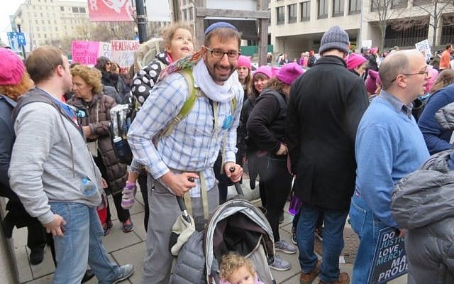 Josh Weinberg, the president of ARZA, the Association of Reform Zionists of America, and his daughters at the Women’s March on Washington, Jan. 21, 2017. (Ron Kampeas) Josh Weinberg, the president of ARZA, the Association of Reform Zionists of America, and his daughters at the Women’s March on Washington, Jan. 21, 2017. (Ron Kampeas)
