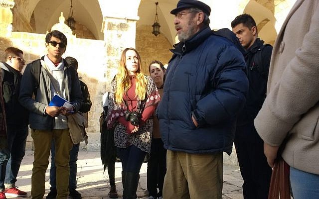 Archaeologist Gabriel Barkay (right) talks with American university students from UCLA on the Temple Mount on January 1, 2017. (Ilan Ben Zion/Times of Israel) Archaeologist Gabriel Barkay (right) talks with American university students from UCLA on the Temple Mount on January 1, 2017. (Ilan Ben Zion/Times of Israel)