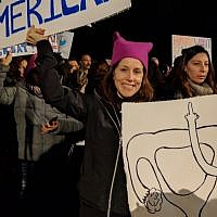 Pamela Azaria from Ramat Hasharon was one of hundreds who protested outside of the American Embassy in Tel Aviv on January 21, 2017. (Melanie Lidman/Times of Israel)
