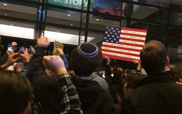 People protesting President Donald Trump’s executive order in immigration at Los Angeles International Airport, Jan. 28, 2017. (Daniela Gerson via JTA)