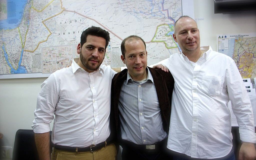 Organizer of Just Beyond our Borders Yoav Yeivin (left), scholar of Syria and activist Prof. Nir Boms (center) and CEO of Amalia Moti Kahana (right). (Dov Lieber/Times of Israel) Organizer of Just Beyond our Borders Yoav Yeivin (left), scholar of Syria and activist Prof. Nir Boms (center) and CEO of Amalia Moti Kahana (right). (Dov Lieber/Times of Israel)