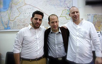 Organizer of Just Beyond our Borders Yoav Yeivin (left), scholar of Syria and activist Prof. Nir Boms (center) and CEO of Amalia Moti Kahana (right). (Dov Lieber/Times of Israel)