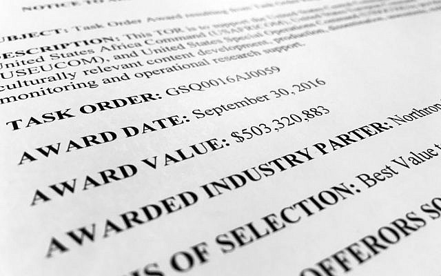 Document detailing the announcement of a five-year, $500 million contract awarded to Northrop Grumman, shown here in a photographed taken Washington, Jan.uary17, 2017. (AP/Jon Elswick) 