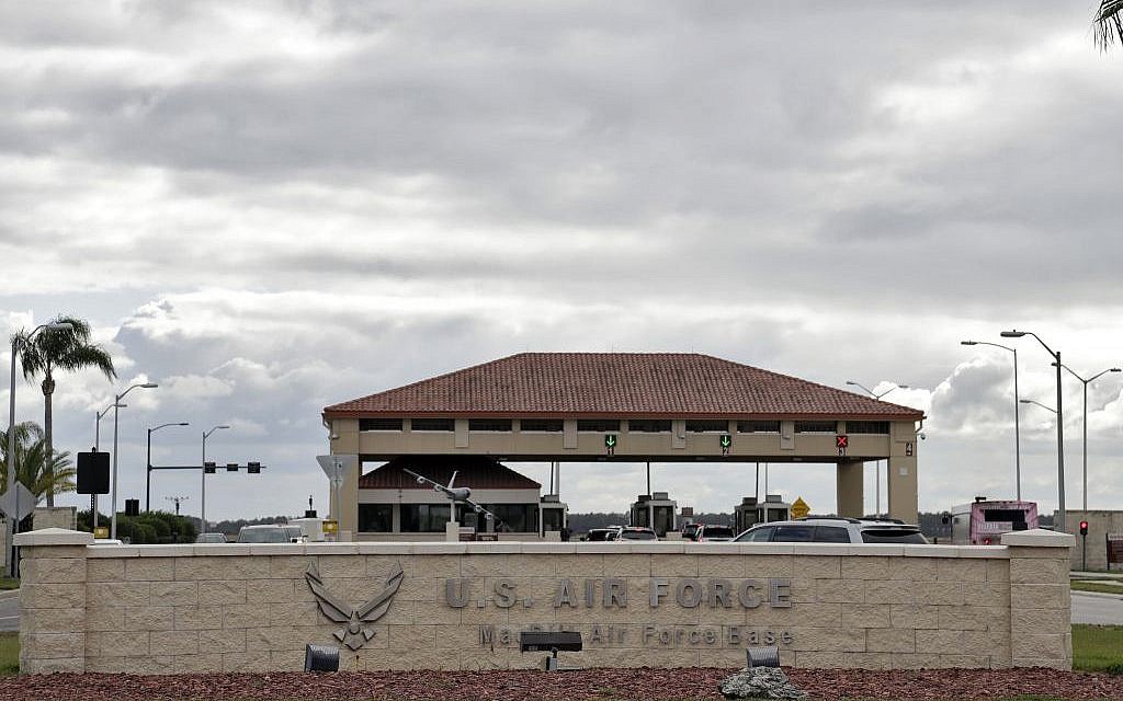 The main gate at MacDill Air Force Base, in Tampa, Fla., January 13, 2017. (AP/Chris O'Meara) The main gate at MacDill Air Force Base, in Tampa, Fla., January 13, 2017. (AP/Chris O'Meara)