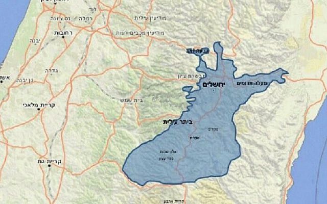 A map posted by Transport Minister Yisrael Katz showing his proposal for annexing settlements around Jerusalem and including them into a greater Jerusalem in (blue) on January 22, 2017 (Yisrael Katz/Facebook)