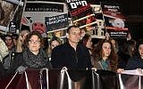 Left to right, MK Yael Cohen Paran, MK Dov Khenin, Ori Shavit protesting live animal imports, January 28, 2017, (Or Keren)
