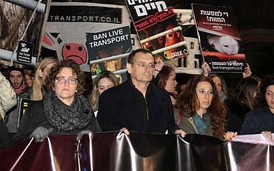 Left to right MK Yael Cohen Paran, MK Dov Khenin, Ori Shavit protesting live animal imports, January 28, 2017, (Or Keren) Left to right MK Yael Cohen Paran, MK Dov Khenin, Ori Shavit protesting live animal imports, January 28, 2017, (Or Keren)