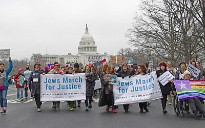Supporters of National Council of Jewish Women and other Jewish organizations come together on the National Mall for the Women’s March on Washington, January 21, 2017. (Ron Sachs via JTA)