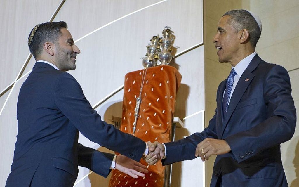 Adas Israel Congregation's Rabbi Gil Steinlauf greeting President Obama, May 22, 2015. (Ron Sachs/via JTA) Adas Israel Congregation's Rabbi Gil Steinlauf greeting President Obama, May 22, 2015. (Ron Sachs/via JTA)
