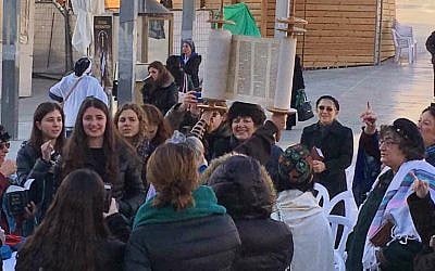 Original Women of the Wall participate in a celebratory Torah reading at the Western Wall on Monday, January 23, 2017. (Alden Solovy)