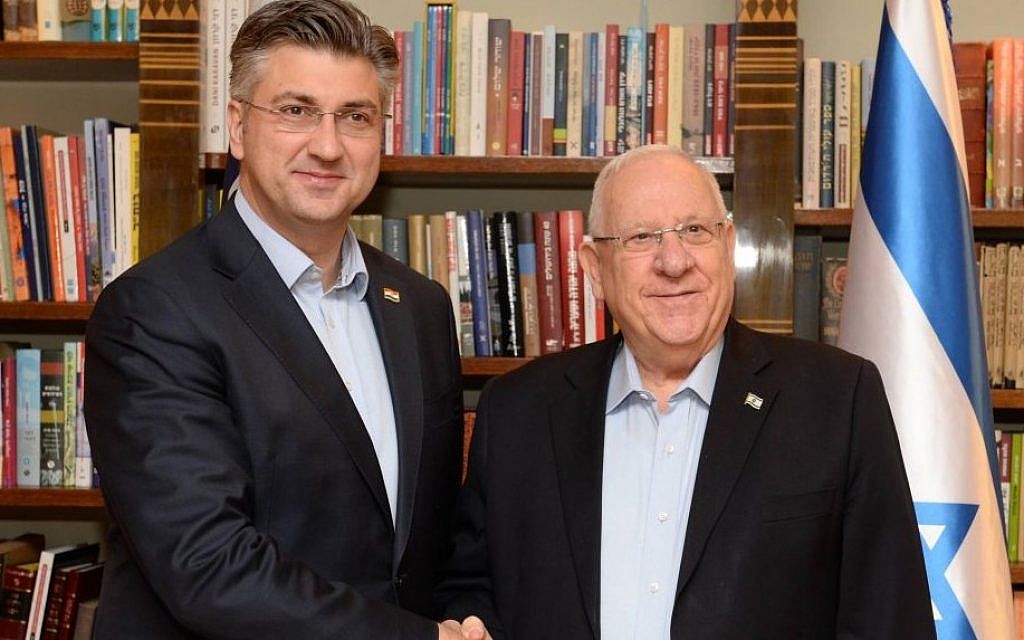President Reuven Rivlin meets with Croatian Prime Minister Andrej Plenković in Jerusalem on January 24, 2017. (Mark Neiman /GPO)